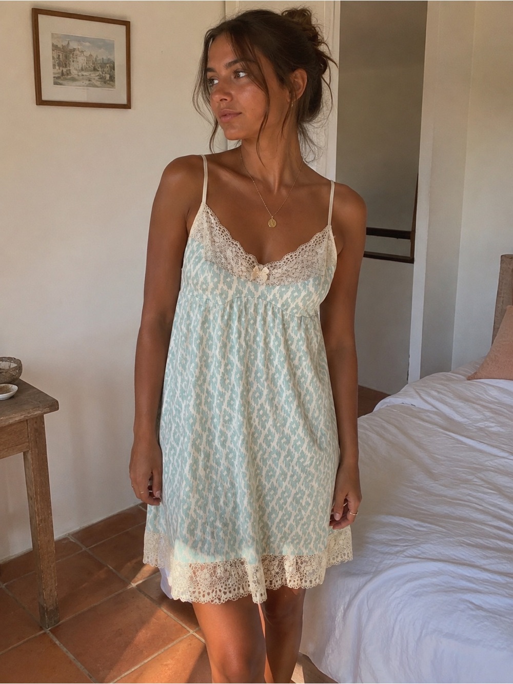 Eberjey Aqua Ivory Lace Chemise Slip Dress Nightgown M Babydoll Y2K Coquette